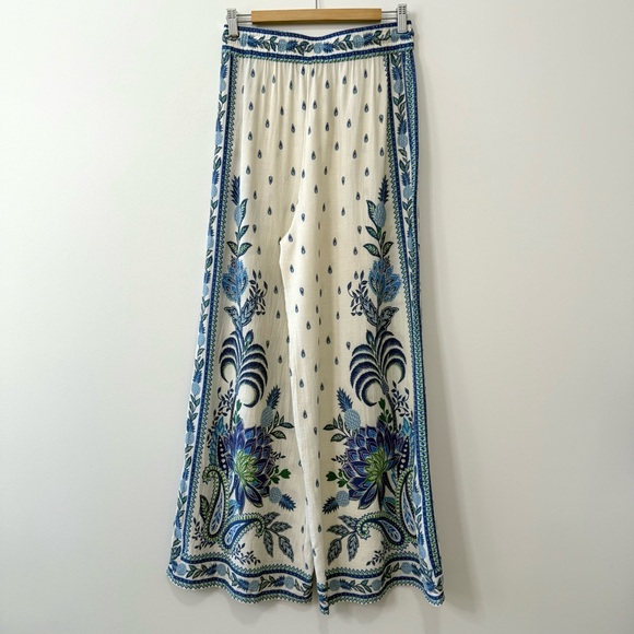 FARM Rio Festa de Arara Wide Leg Pant Cream & Blue Floral Print Linen Blend Sz M - Picture 4 of 15